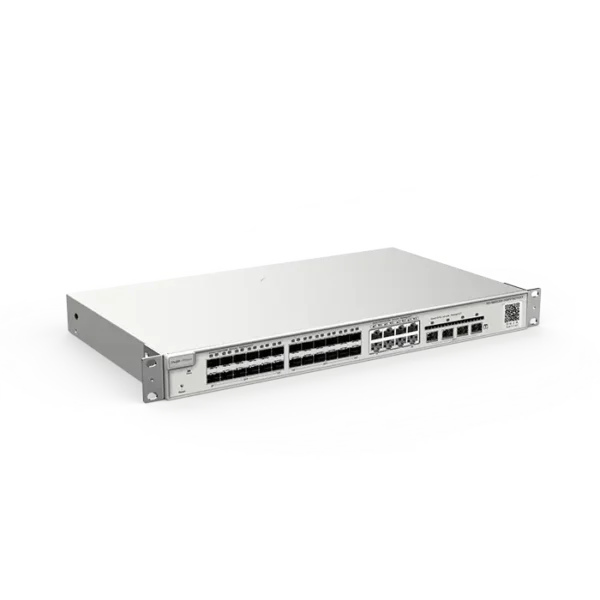 Image du switch RG‑NBS5200‑24SFP/8GT4XS, boîtier 1 U rack avec 24 ports SFP, 8 ports RJ‑45 Gigabit et 4 uplinks SFP+ 10 Gbps, design fanless.